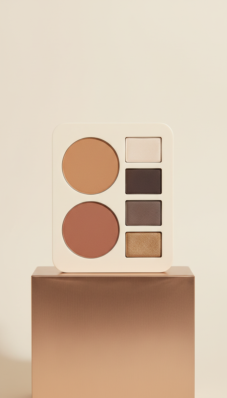 Multi-use eye and cheek palette, Three-quarter angle on sleek beauty products atop matte alabaster surface or elevated on...