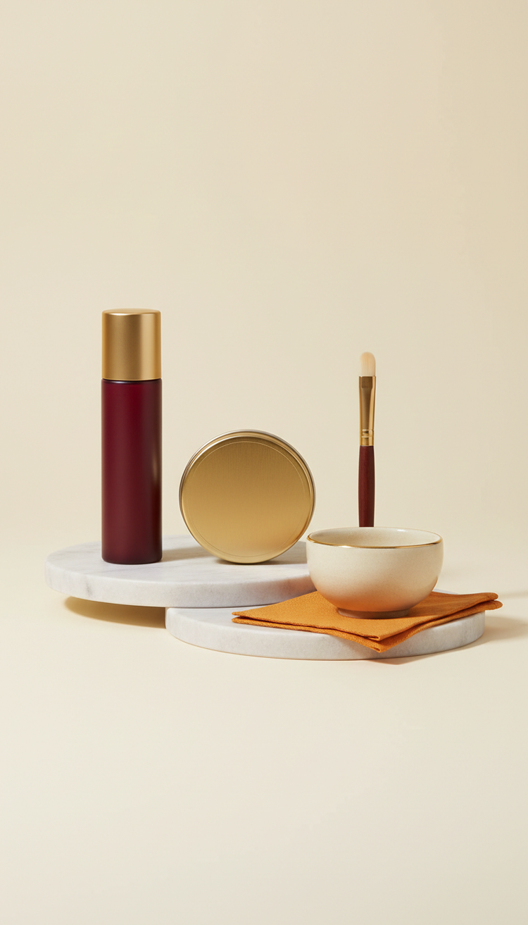 Signature Ritual Kit, Three-quarter angle as default—products elevated on matte marble or wood risers against Soft Ivory...