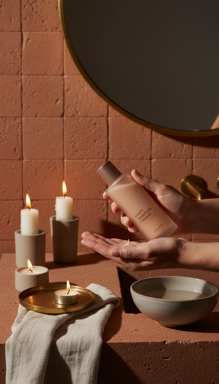 Gentle awakening cleanser with botanical extracts in use