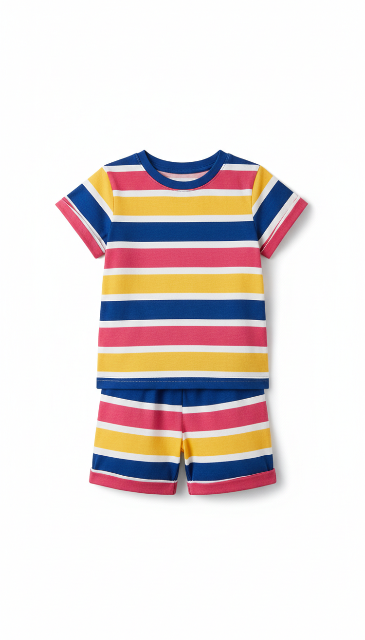 Kids' striped t-shirt and shorts set, Default: 3/4 angle from slightly above eye-level for apparel on mannequins or...