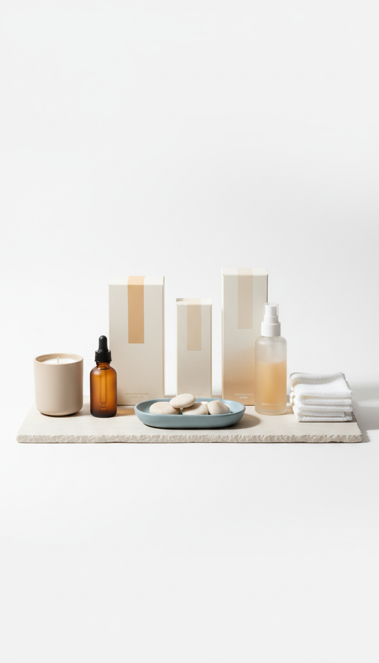 Curated Sunrise Ritual Kit, Hero product shots at a refined three-quarter angle with products arranged on clean matte...