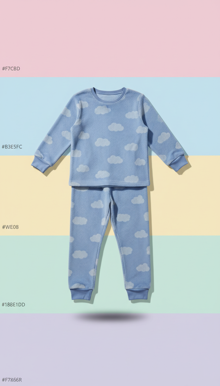 Daydream Blue cozy pajamas, Primary product shots use a straight-on or slight 3/4 angle at child-height for bedding/plush...