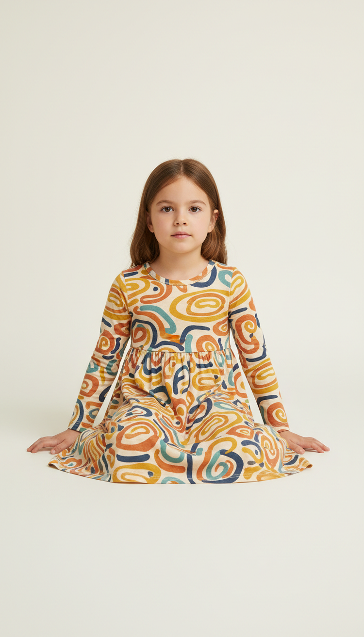 Soft jersey dress with organic pattern, Default to gentle three-quarter angle on child models in action—walking, sitting...