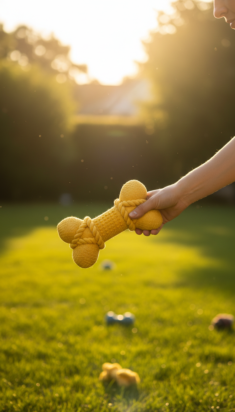 Golden Yellow Plush Dog Toy in use