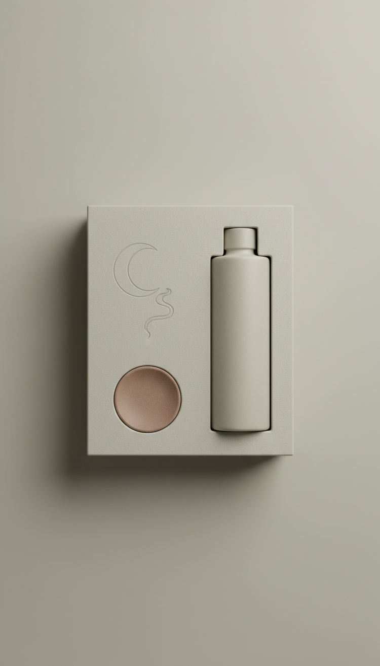 Nocturne Incense Set in minimalist boxed packaging, 3/4 angle is primary—captures bottle shape and label clarity with...