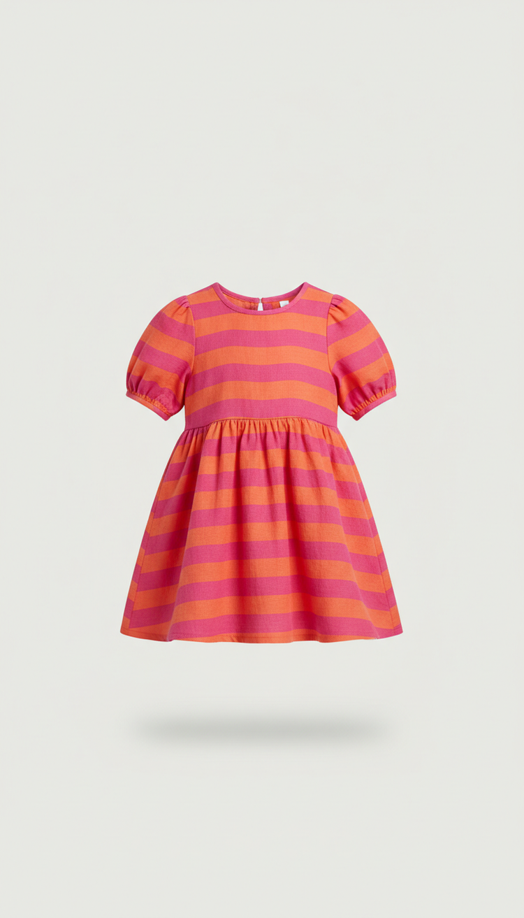 Showcasing hot pink and tangerine stripes. The dress is designed with breathable fabric, perfect for movement and play....