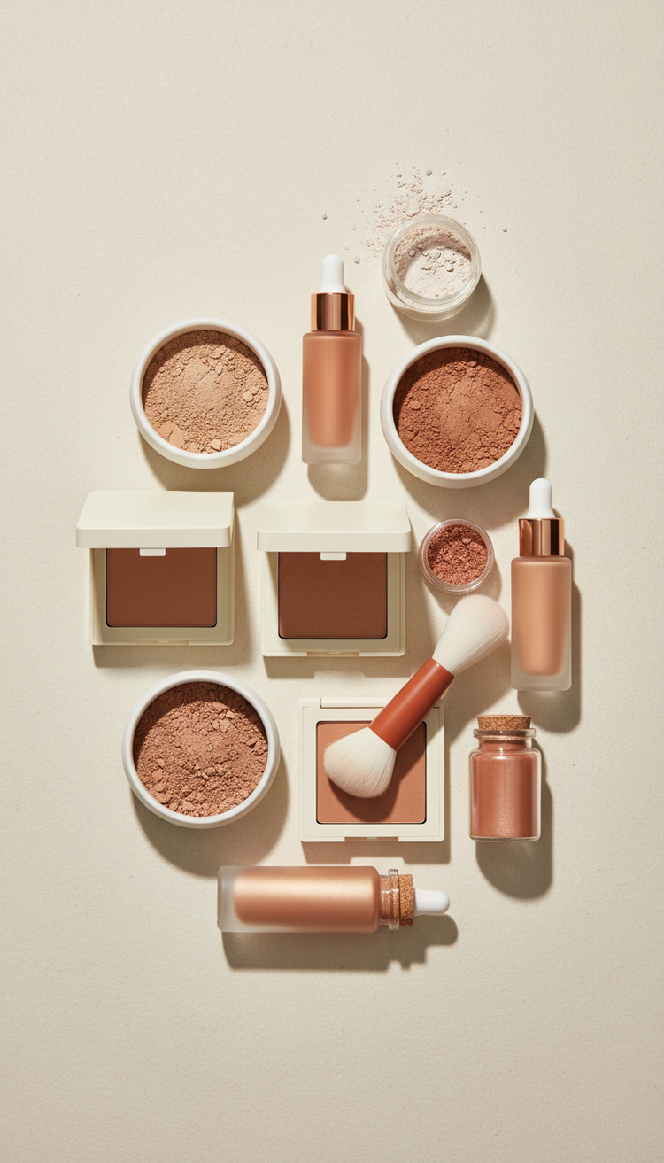 High-end mineral-based cosmetics arranged on a neutral, textured background with a subtle soft shadow beneath. The...