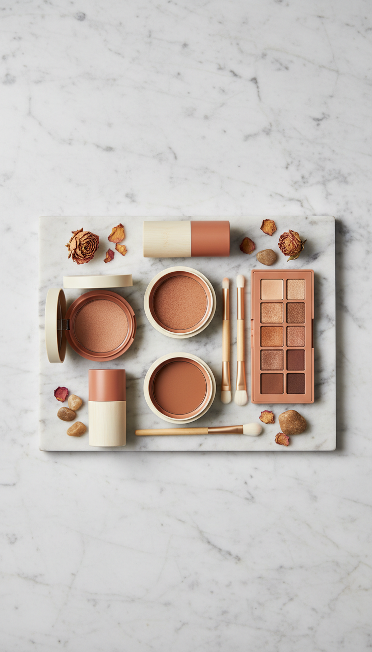 A luxurious makeup kit centered on a soft marble surface, highlighting its chic and eco-friendly packaging. The lighting...