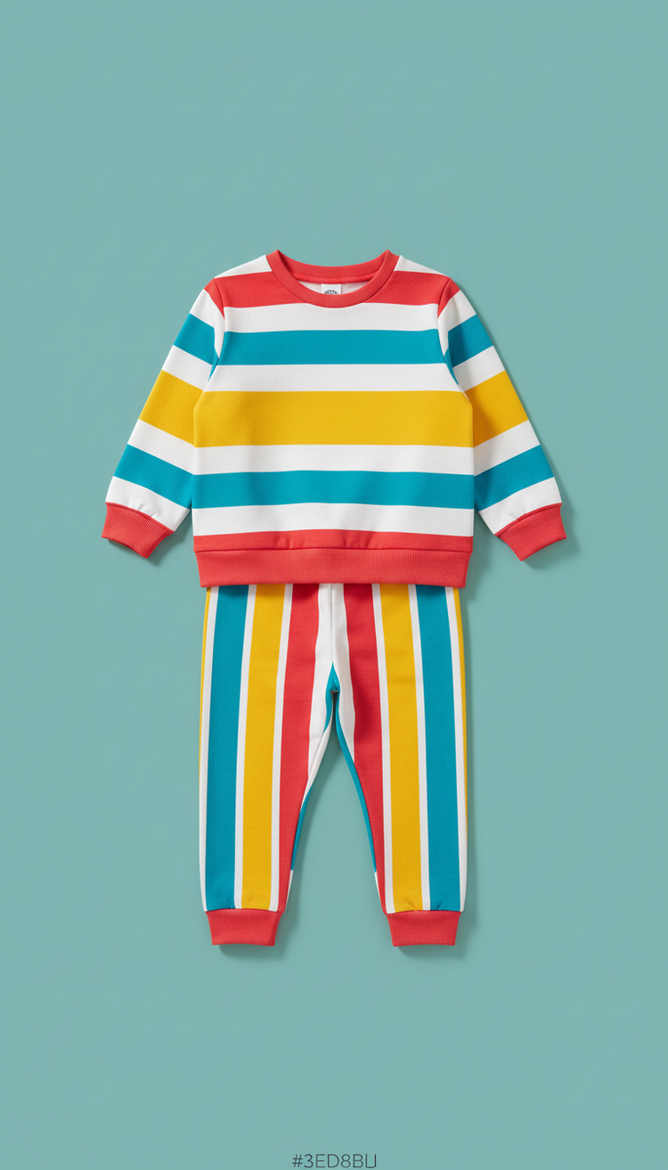 Bold striped sweatshirt and joggers set, Three-quarter angle with garments styled on child-sized mannequins or flat lay on...
