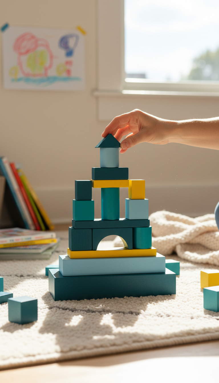 Teal Wooden Stacking Blocks Set in use