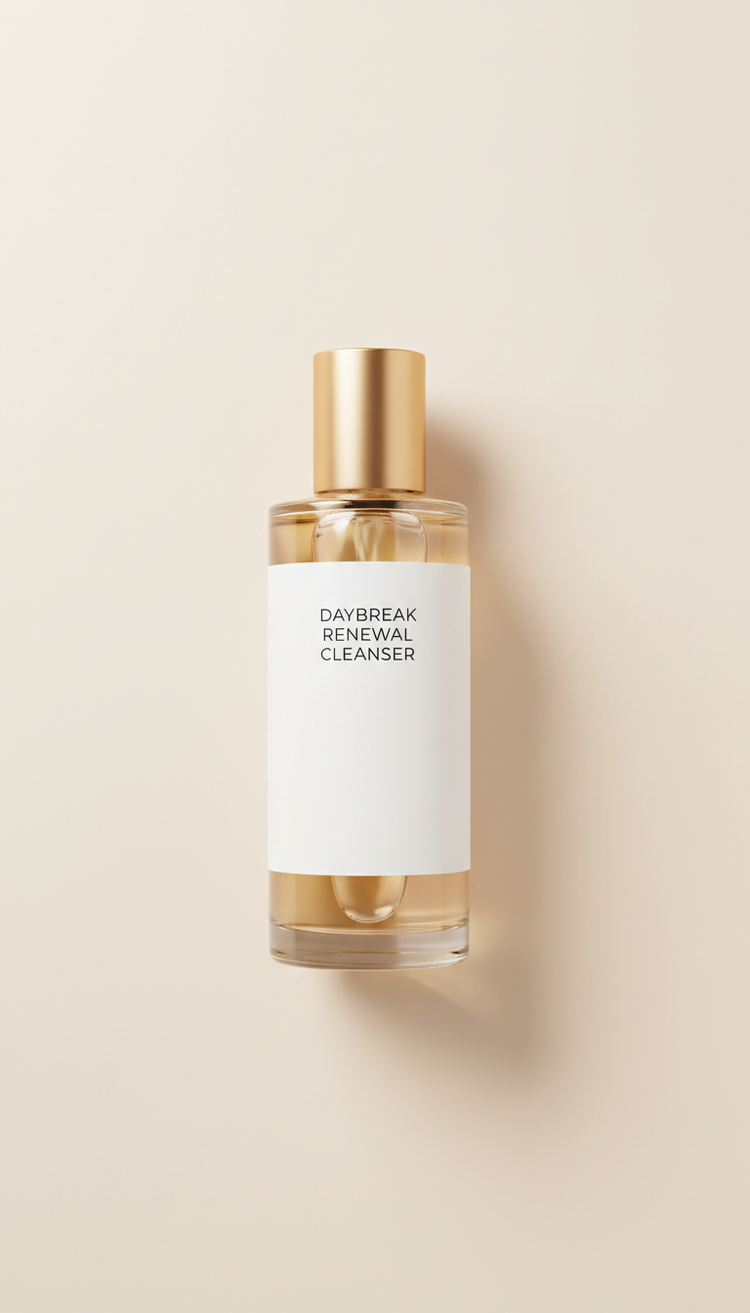 Daybreak Renewal Cleanser, Products shot at a refined three-quarter angle to highlight both label design and elegant glass...