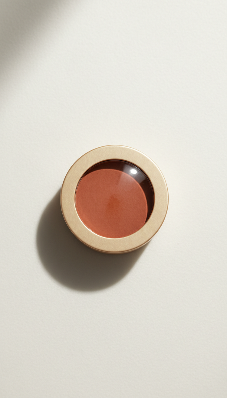 A centered shot of the Eco Luxe cream blush, highlighting its elegant, recyclable packaging. The product rests on a matte...