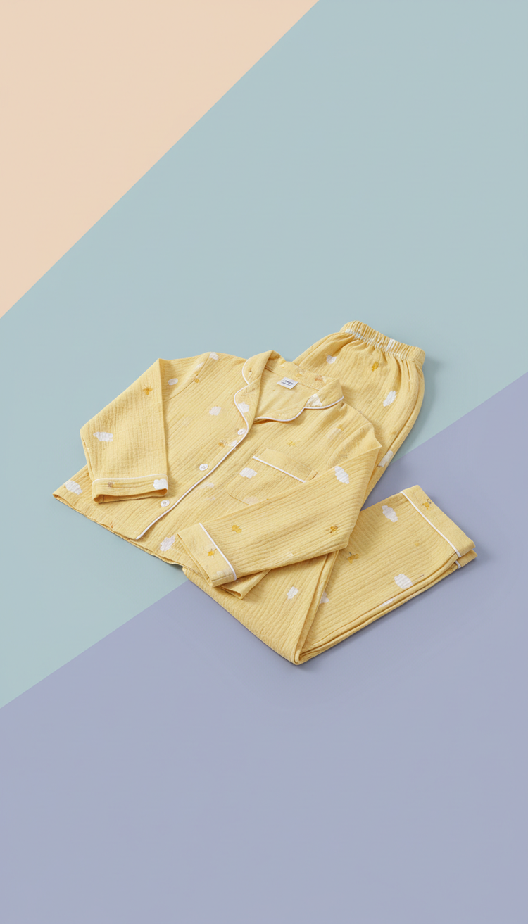 Sunshine Yellow bamboo pajamas, use a 3/4 angle shot to capture the pajamas' design and texture. The background should be...