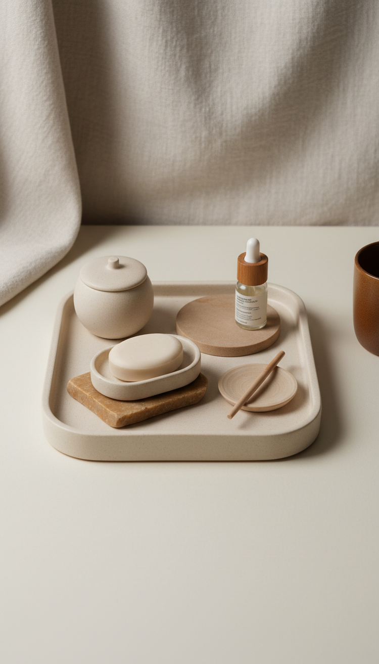 Minimalist ceramic self-care tray, Products are shot at a refined 3/4 angle on natural surfaces (stone, wood) with ample...