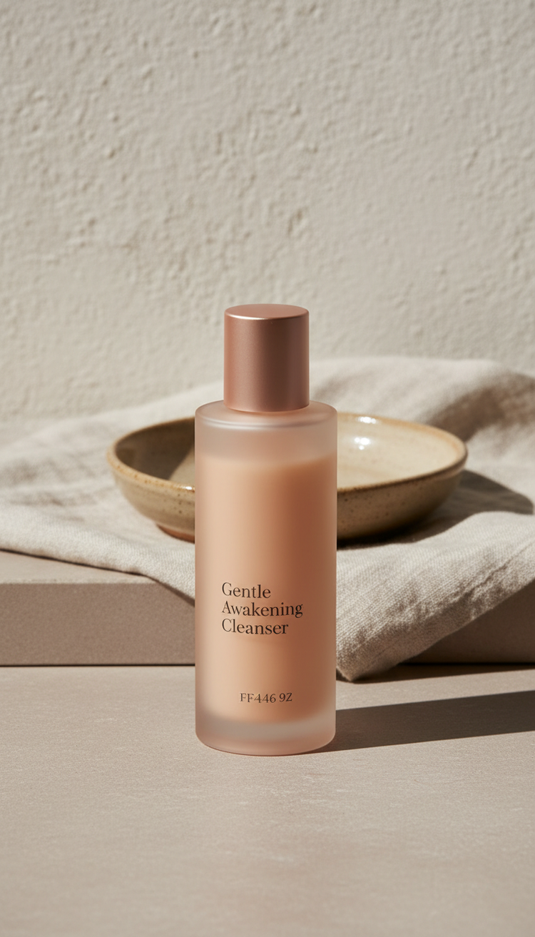 Gentle Awakening Cleanser, Three-quarter angle hero product shot on soft neutral surface (stone or linen). Arrange...