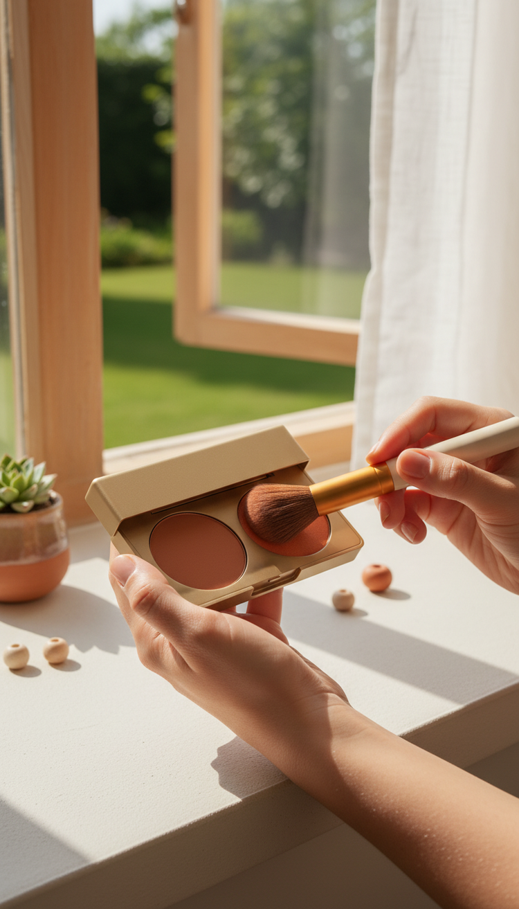 Makeup Palette with Terracotta Blush and Sunset Orange Shades in use