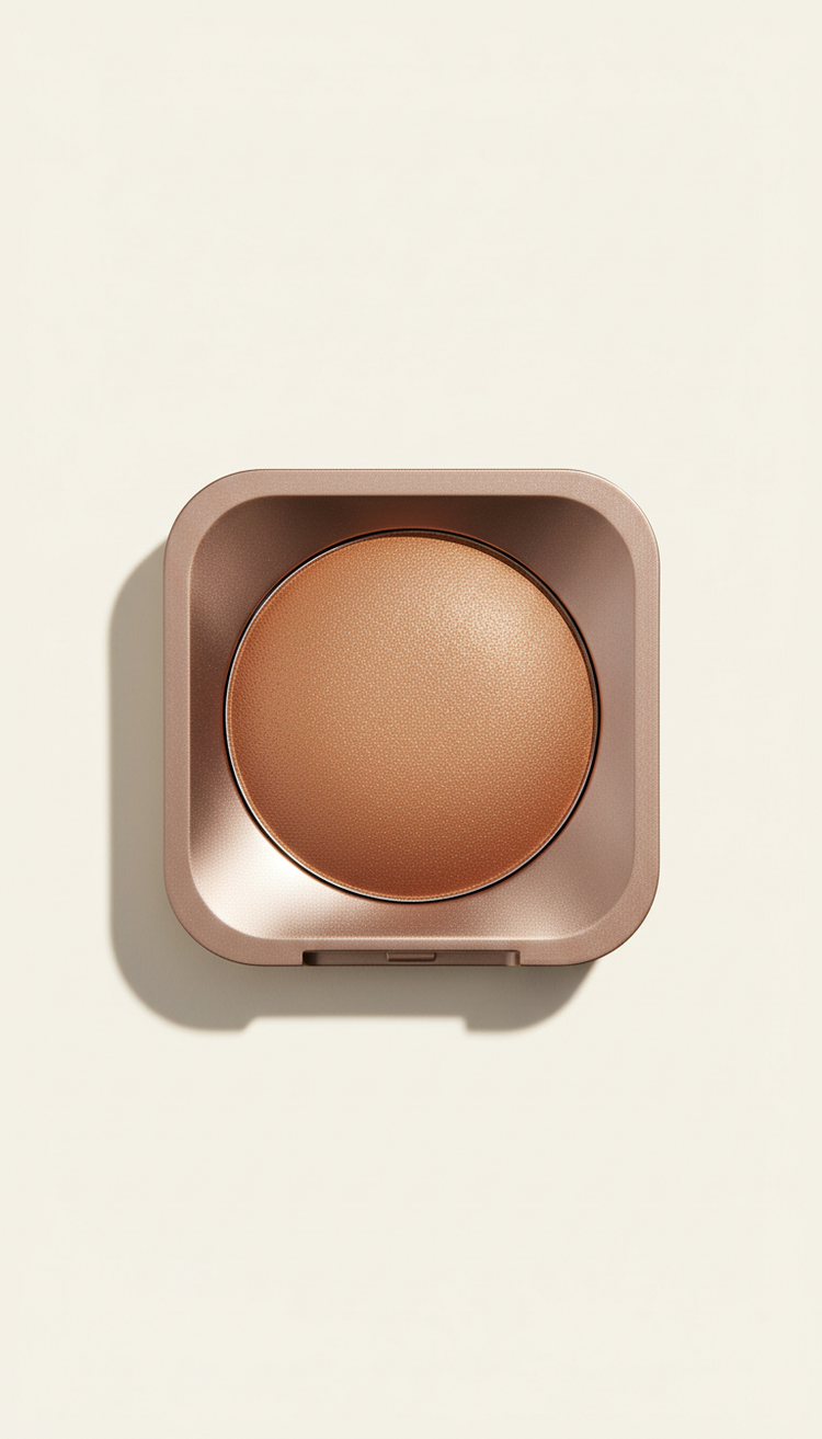 Soft Bronze Highlighter, modern packaging and luminescent product finishes. The background should be a soft 'Creamy White'...