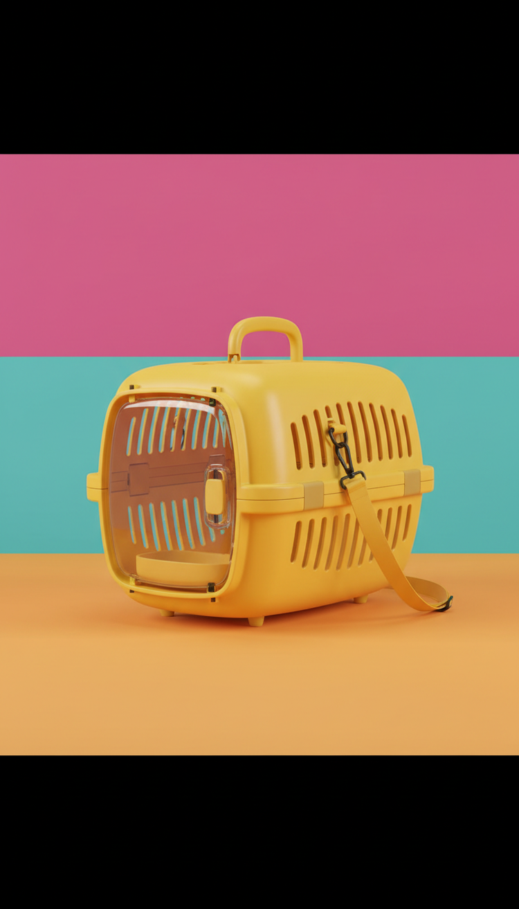 Sunshine Yellow pet carrier, use a 3/4 angle to showcase the carriers' design and functionality. Backgrounds should be...